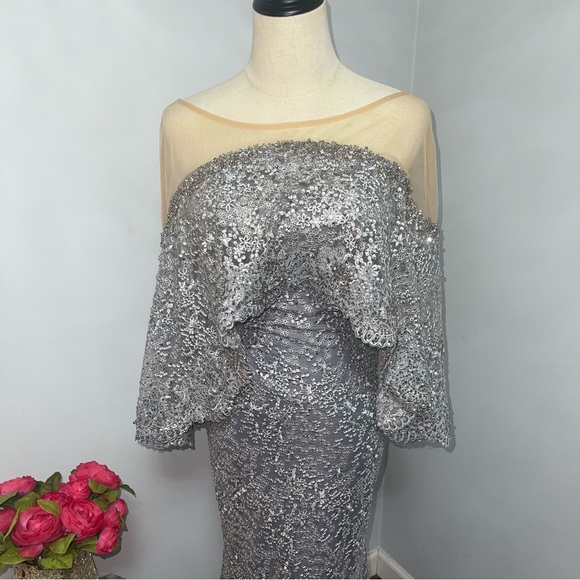 Mac Duggal Pearl Grey Cape Style Embellished Wedding Evening Gown- NWT- Reemoly - Picture 5 of 17